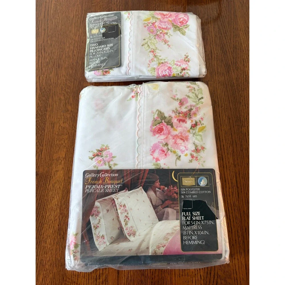 Vtg Sears Gallery Collection French Bouquet‎ Full Size Flat Sheet 2 Pillow Cases